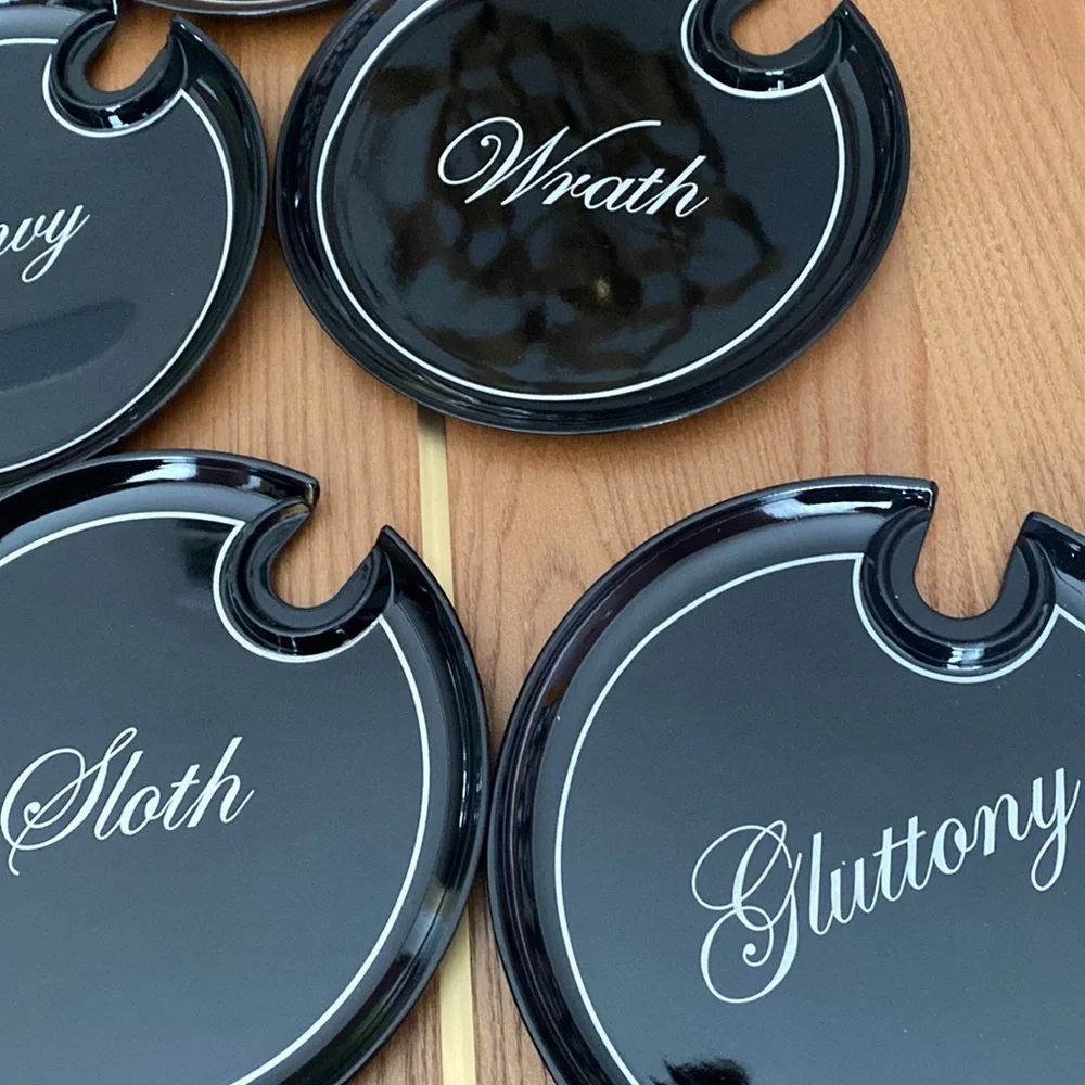 NIB Z Gallerie Set of 7 Deadly Sins Mingling Appetizer Plates. Seven Deadly Sins